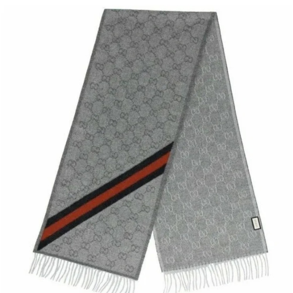 NEW GUCCI ‘New Nikky’ 570603 Web Fringe Wool Alpaca Zinc Blue Gray Unisex Scarf